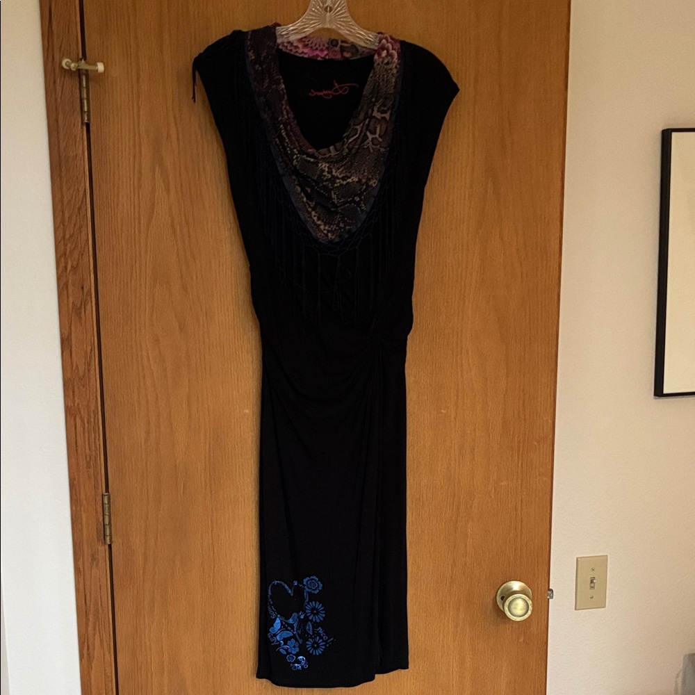 Elegant Black Dress with Blue Embroidery